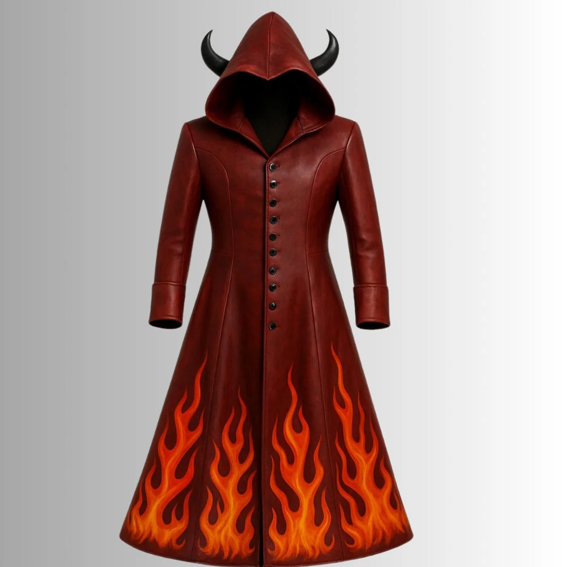 15 Hellfire Demon with Horned Hood Pure Leather Handcrafted Long Coat - Image 1