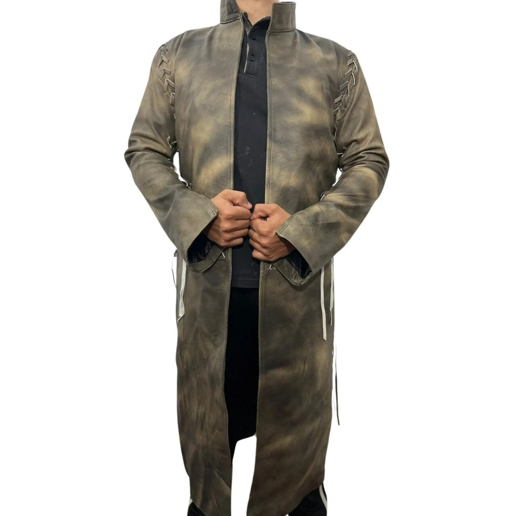 17 Handmade Brown Distressed Leather Duster Long Trench Coat - Image 1