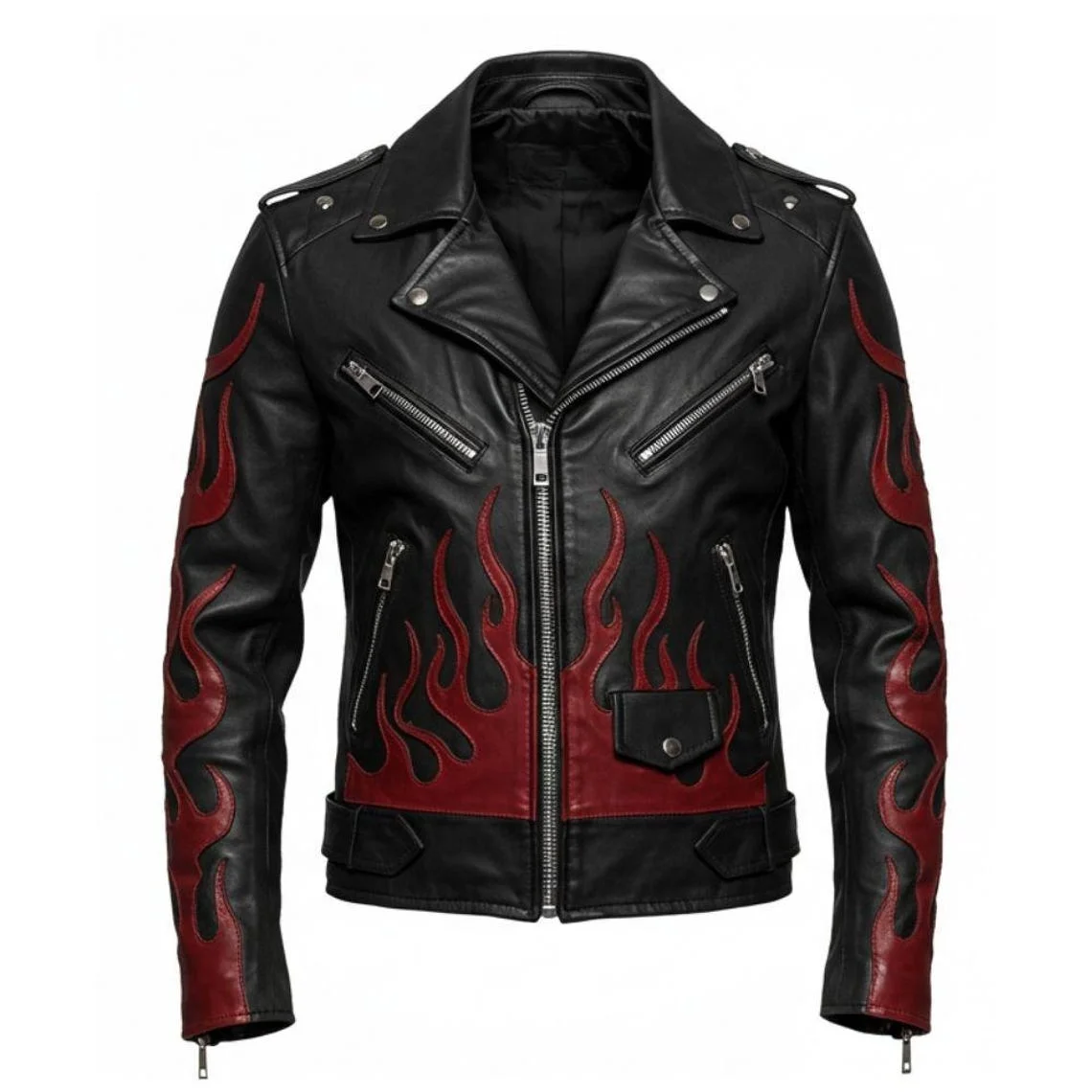 6 Men's Flame Rider Black Leather Motorcycle Jacket - Bold Fire Design - Image 1