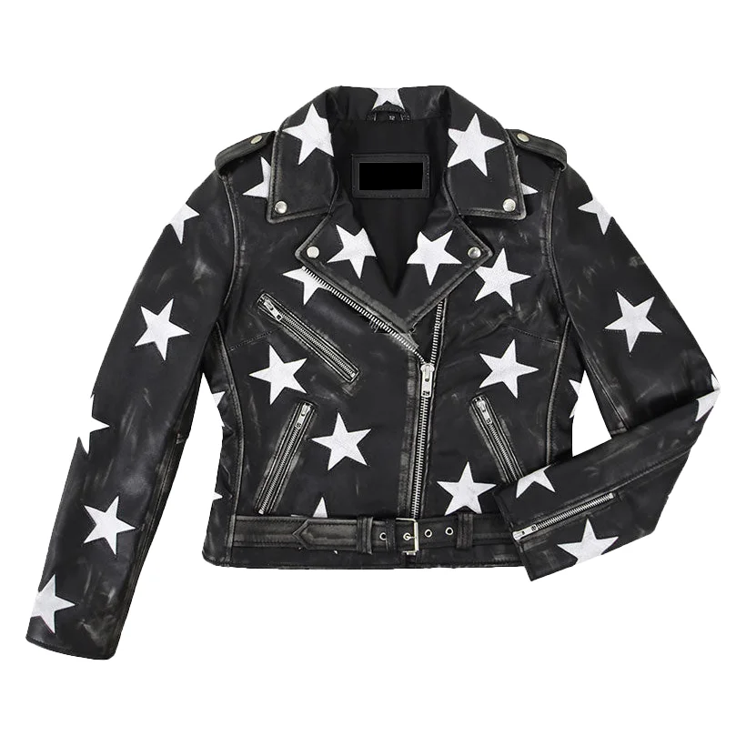 DSC_1865_88ad5968-e564-459a-aaac-f4b0377456ca Women's Black Biker Leather Jacket with White Stars - Image 1