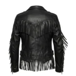 Fringed Black Sheepskin Leather Biker Jacket - Image 2
