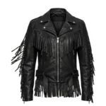 Fringed Black Sheepskin Leather Biker Jacket