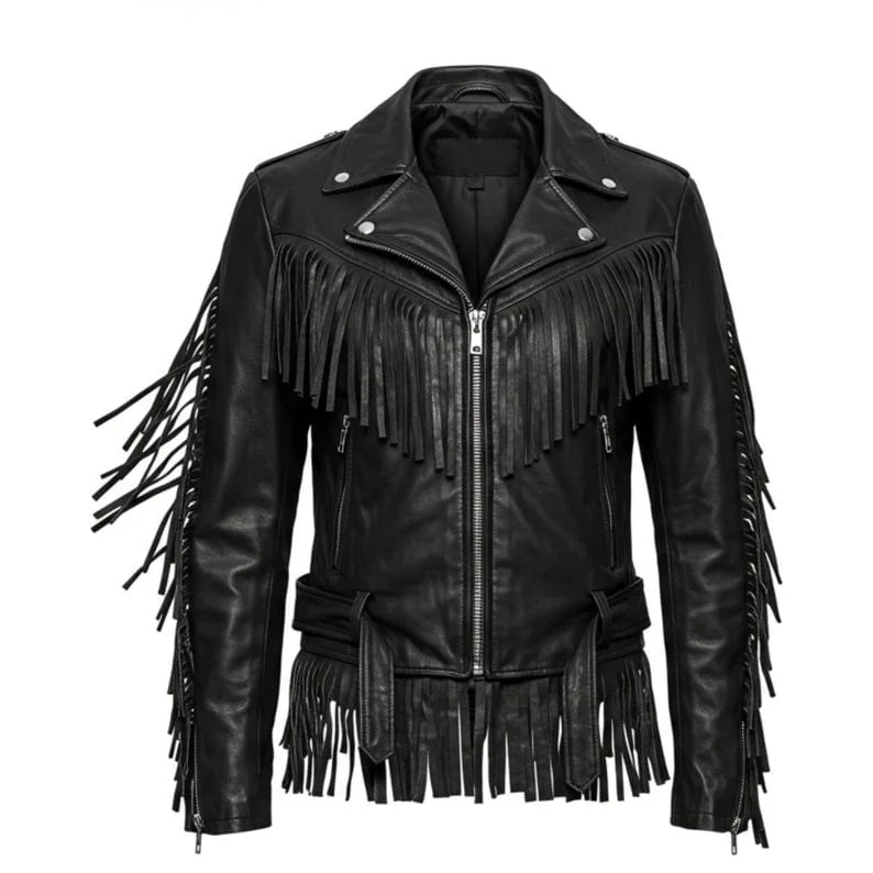 WhatsApp Image 2025-10-23 at 11.20.46 AM Fringed Black Sheepskin Leather Biker Jacket - Image 1