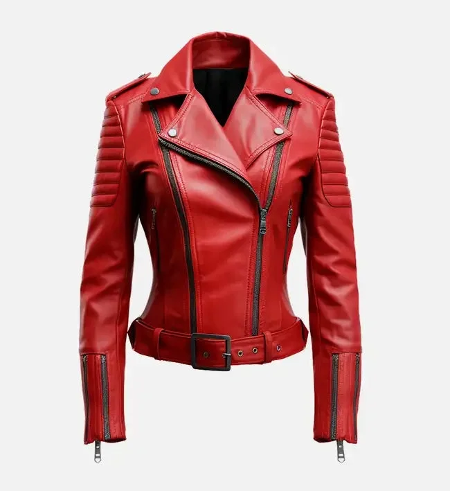 women-red-biker-leather-jacket Women's Red Biker Leather Jacket - Image 1