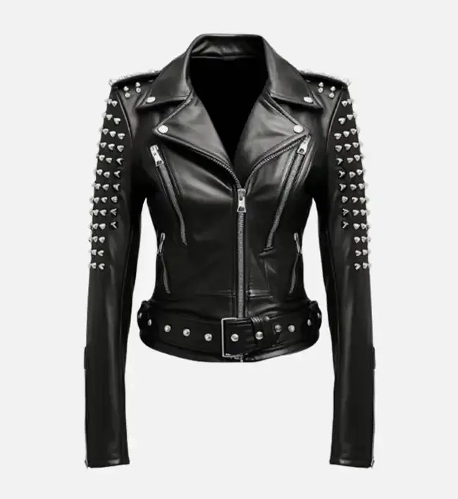 womens-stud-biker-black-leather-jacket Women's Stud Biker Black Leather Jacket - Image 1